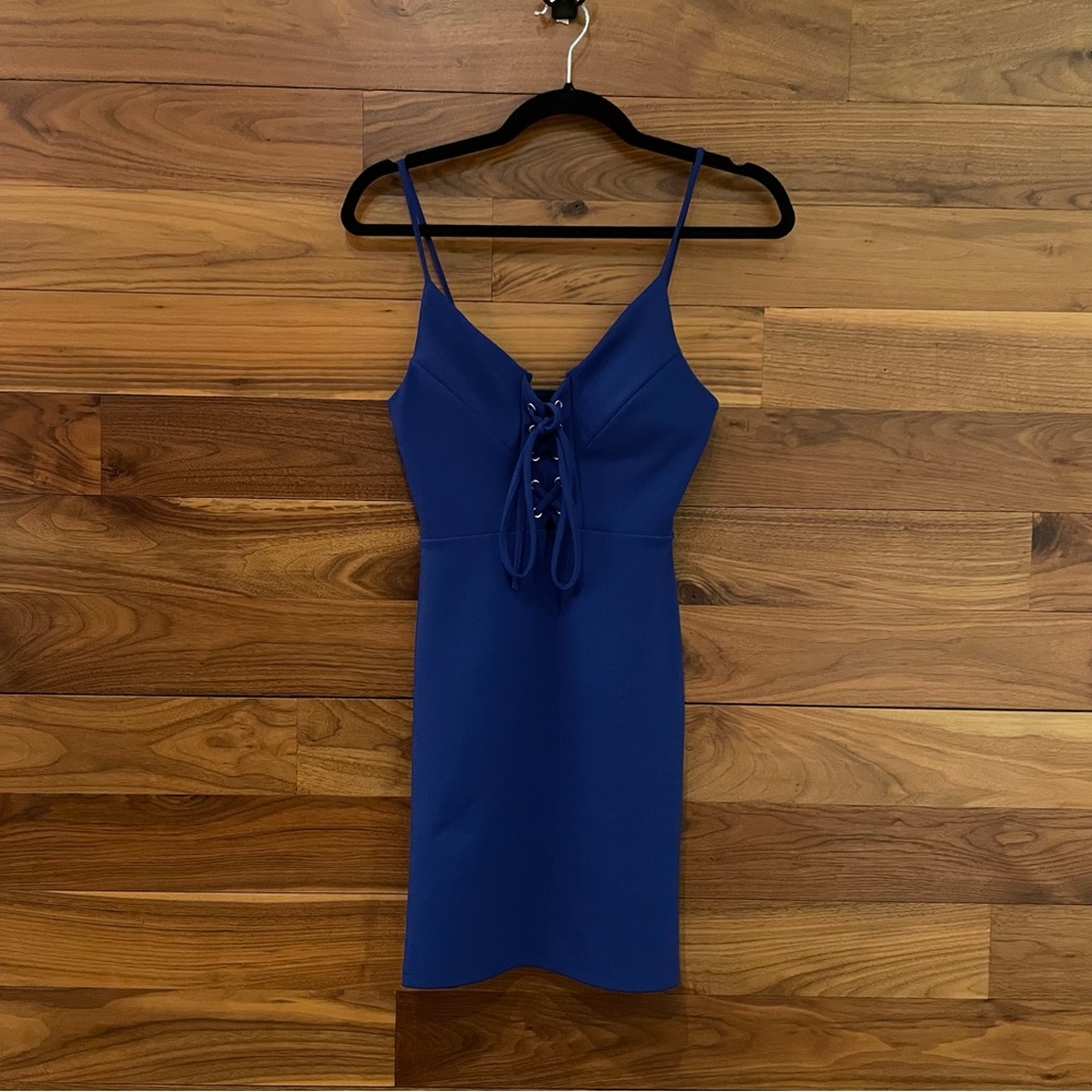 Worn 1 x - Privy Women corset front tie closure spaghetti strap blue dress - S